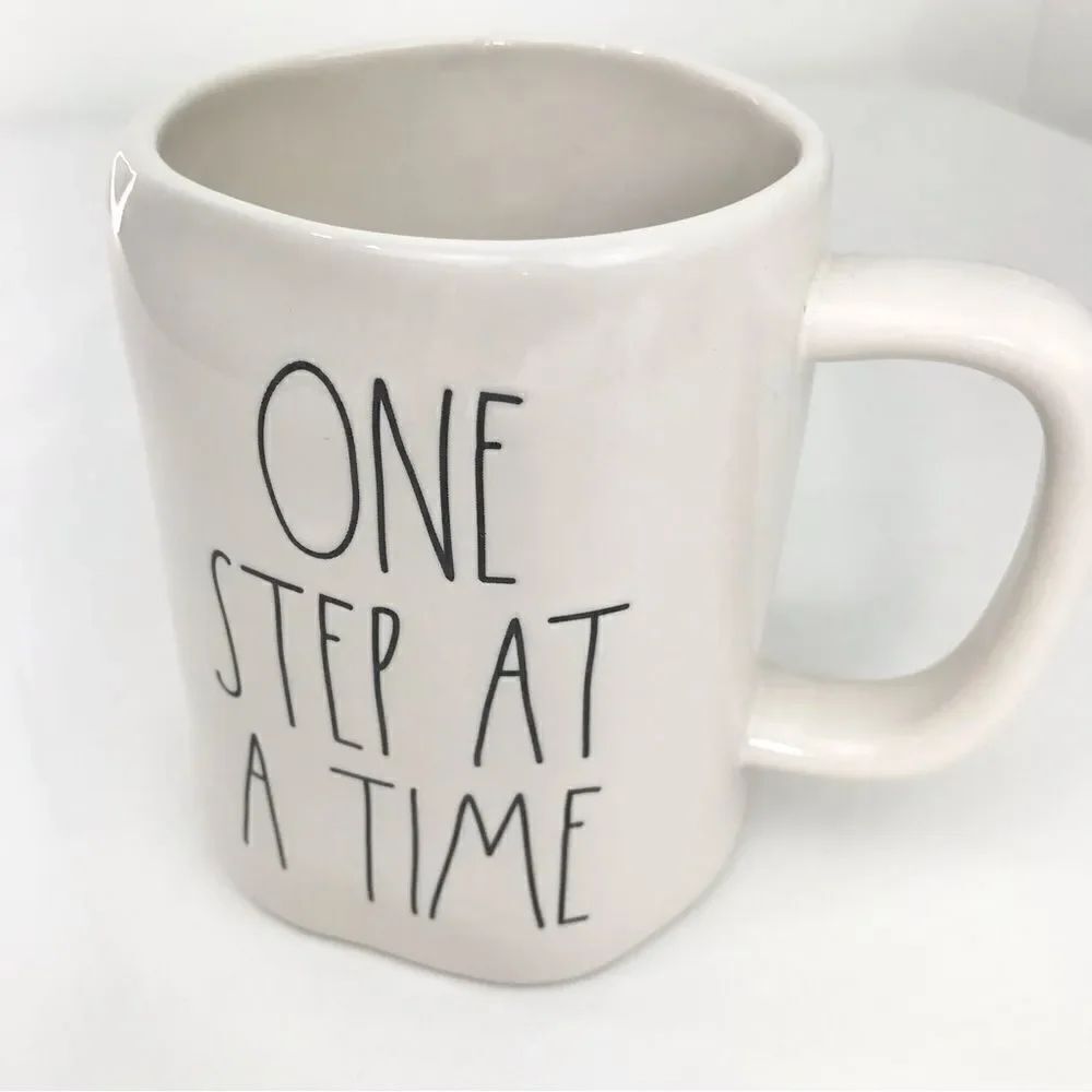 Rae Dunn White Black ONE STEP AT A TIME Signature Ceramic 16 oz Mug